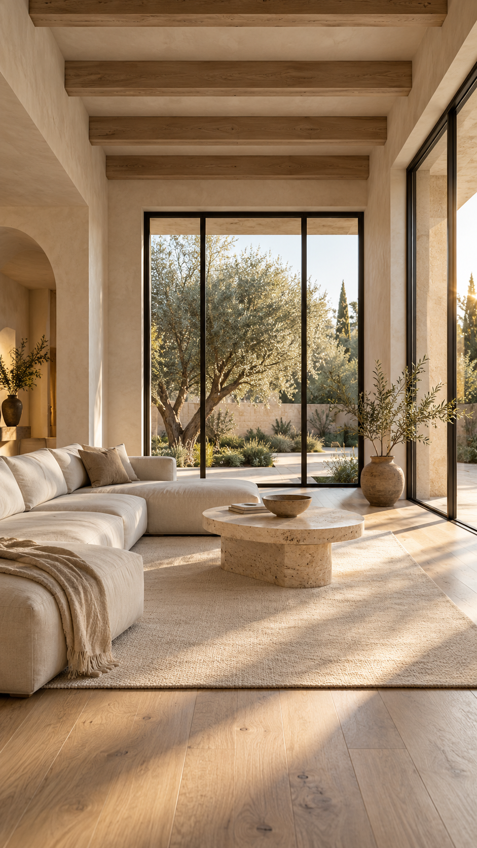 Sunlit living room with warm timber beams and a cream sofa